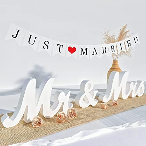 VIOPVERY Mr and Mrs Sign for Wedding Table,Large White Mr and Mrs Sign,Wooden Letters,Mr & Miss Sign with Just Married Banner Wedding Decorations for Anniversary