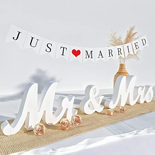 Viopvery Bruiloft decoraties, witte houten letters heer en mevrouw teken & gewoon getrouwde banner perfect voor bruiloft tafel, feesttafel, top diner decoratie