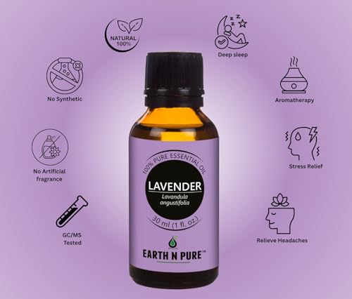 Image of Earth N Pure Lavender Essential Oil Sleep & Relaxation | GC /MS Tested | Rich in Linalool & Linalyl Acetate for Diffuser, Skin & Hair - 30ml
