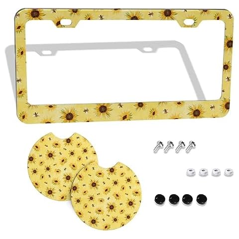 Sunflowers and Bees License Plate Frame Metal Aluminum Artistic Personalized License Plate Cover Car Tag Holder 2 Pack Anti-Slip Shockproof Sunflowers Car Coasters for USA Canada Vehicles Standard Cover