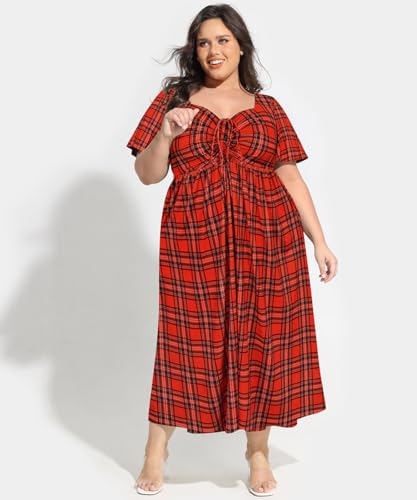 Image of CARCOS Plus Size Dresses for Curvy Women Tie Sweetheart Neck Summer Maxi Dress Short Sleeve Empire Waist Floral Boho Dress