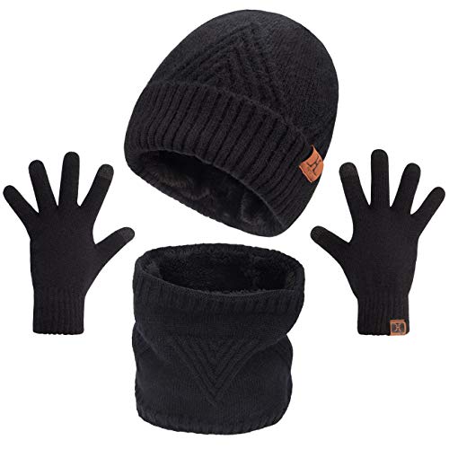 Maylisacc Set Sciarpe e Guanti Beanie, Beany Cappello, Snood Invernale e Guanti Touch-Screen per Unisex Uomo Donna (NERO)