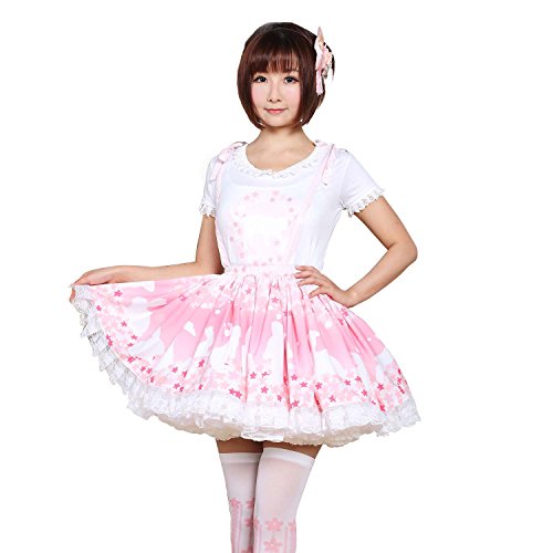 Trendareus Pink Polyester Blossoms and Bunny Printed Lace Lolita Suspender Skirt