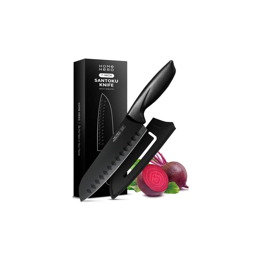 Home-Hero-2-Pcs-Santoku-Knife-with-Sheath-High-Carbon-Stainless-Steel-Chopping-Knife-with-Ergonomic-Handle-Razor-Sharp-Multi-Purpose-Kitchen-Knife-for-Chopping-Vegetable-and-Cooking-Black Home Hero 2 Pcs Santoku Knife with Sheath - High Carbon Stainless Steel Chopping Knife with Ergonomic Handle - Razor-Sharp Multi-Purpose Kitchen Knife for Chopping Vegetable and Cooking (Black)