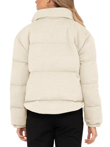 Tankaneo Women's Waffle Crop Puffer Jackets Stand Collar Long Sleeve Padded Winter Outerwear3