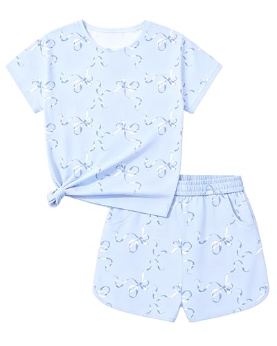 Image of Bestuline Girls Summer 2 Piece Outfits,Basic Short Sleeve Top & Shorts Set with Side Pockets,4-14Y