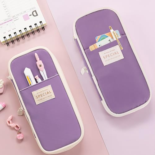 MAMUNU Big Capacity Pencil Cases with Compartments Pencil Pouch Aesthetic for Teen Students Expendable Stationery Organizer Pen Bag for College School Office (Purple) - Image 4