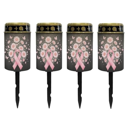 Image of Poceacles Solar Lights Outdoor Grave Candle for Cemetery Decoration Solar Outdoor Lights for Garden Lawn Backyard Pathway Decor, Pink Ribbon Daisy Butterfly Black, Set of 4