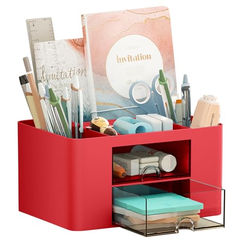 Image of Marbrasse Pen Organizer with 2 Drawer, Multi-Functional Pencil Holder for Desk, Desk Organizers and Accessories with 5 Compartments + Drawer for Office Art Supplies (Red)