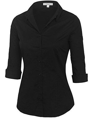 KOGMO Womens Classic Solid 3/4 Sleeve Button Down Blouse Dress Shirt (S-3X)-1X-Black