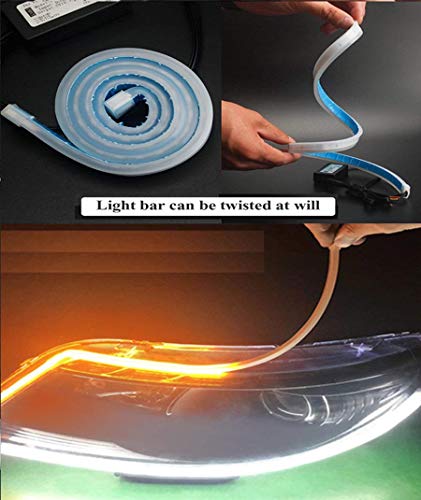 Flexible Led Light Strip 2 Pcs 24 Inch Dual Color LED Headlight Surface Strip Tube Light White & Amber Daytime Running Light Waterproof Switchback Sequential Lamp Turn Signal Light