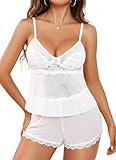 EVELIFE Schlafanzug Damen Kurz Pyjama Set Spitze Ärmellos Camisole Top und ShortsSexy Nachtwäsche Lounge Dessous Zweiteiler V-Ausschnitt Schlafanzugoberteile(Weiß, Small)