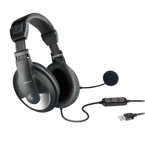 Speedlink Thebe Kopfhörer mit Mikrofon und Kabelfernbedienung (USB, integrierte Soundkarte, gepolsterte Ohrmuscheln) schwarz