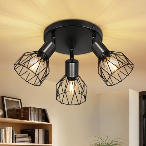 Dehobo Lampara Techo con 3 Focos Base E14 Retro - Lamparas de Techo Salon Ajustables y Giratorios - Negro Foco de Techo Lampara Techo Industrial,para Interiores Dormitorio Cocina, Sin Bombillas