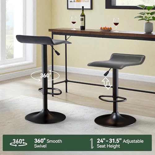 Image of Vogue Furniture Direct Adjustable Bar Stools Set of 2, Modern Swivel PU Leather Airlift Barstools, Backless Kitchen Counter Height Bar Chair for Dining Room (Grey, Black Base)