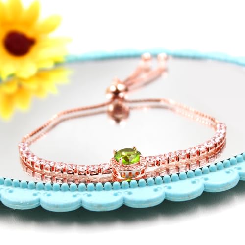 Image of Rose Plated Gold Brass Box Chain Cubic Zirconia Classic Tennis Slider Adjustable Bracelet, Round Big Zircon Charm Give Woman Mom Mother's Day Fashion Crystal Gift