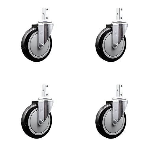 Swivel Square Stem Caster Set 4 w/5” x 1.25” Black Polyurethane Wheel - 3/4” x 2” Square Stem with (3) 17/64” Diameter Mounting Holes - Includes 4 Swivel-1400 lbs. Cpty/Caster - Service Caster Brand