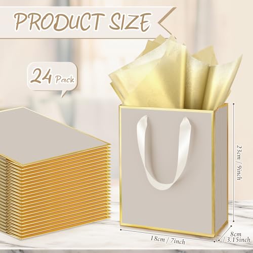 Image of Yeaqee 24 Pack Metallic Paper Gift Bags, Champagne, Gold | with Satin Ribbon Handle and Tissue, 9x7x3.1 Inch, Suit Business, Birthday, Christmas, Thank You Return Gifts Bags