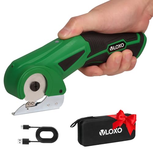 VLOXO Cordless Electric Scissors, 4V Rechargeable Cardboard Cutter with Safety Lock and LED Light Powerful Fabric Mini Cutter Rotary Multi-Cutting Too