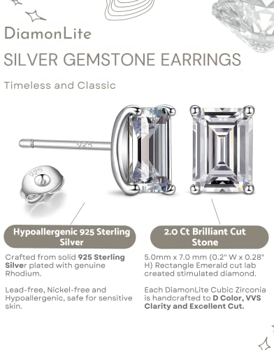 Diamonlite 2 Ct Cubic Zirconia Stud Earrings For Women And Men, D Color, Vvs Clarity, Excellent Emerald Cut, Rhodium Plated 925 Sterling Silver Lab Created Simulated Diamond Earrings - Emerald Cut Mens And Womens Silver Cz Studs #TOP1
