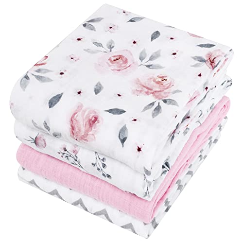 Image of PHF 4 Pack 100% Cotton Baby Muslin Swaddle Blankets, Super Soft Breathable Comfy Baby Swaddle Wrap Set, Receiving Blanket for Infant Baby Girls&Boys, Floral/Flower/Pink/Wave