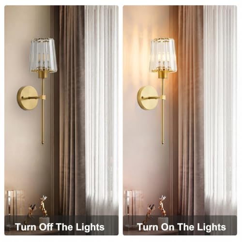 Image of KARTOOSH Hardwired Crystal Wall Sconces Set of 2 | 20.1 Inch Brass Conical Crystal Wall Lights Dimmable 3000K Warm White Wall Lamps for Hallway, Bathroom, Living Room, Bedroom