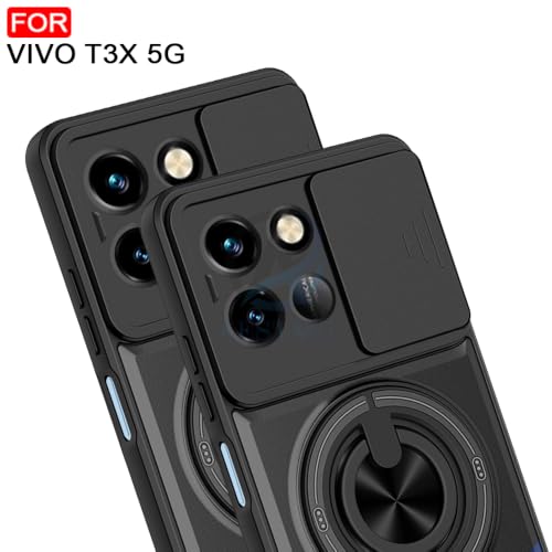 Image of AESTMO Vivo T3X 5G Back Cover | Armor Camera Slider 360 Degree Rotating Finger Ring Holder Case with Bracket Stand Back Case Cover (Compatible with MagSafe Accessories) (Black)