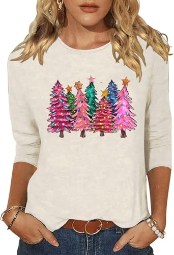 Woffccrd Womens Christmas 3/4 Sleeve Crew Neck T-Shirts Merry and Bright Leopard Christmas Tree Graphic Tee Tops (L,Christmas 1 Beige)