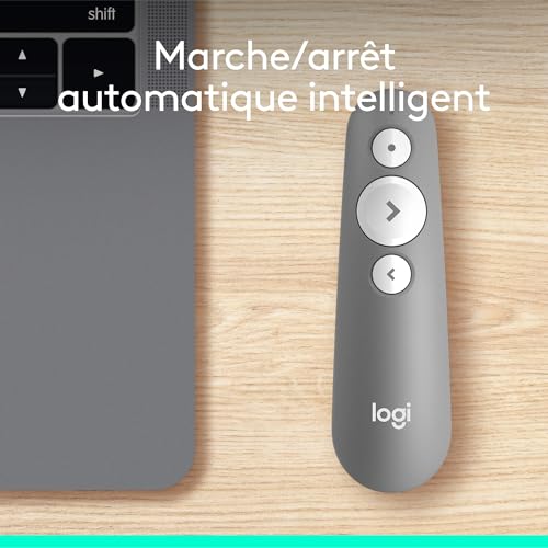 Logitech R500s de classe 1 Bluetooth et USB Télécommande de présentation laser/ Télécommande de présentation - Compatibilité universelle, portée de 20 m, personnalisable - Gris clair