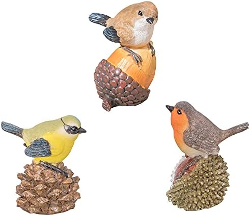 Pelle & Sol Set of 3 British Birds on Nuts Garden Animal Ornaments Robin, Blue Tit & Sparrow - Made form PolyResin