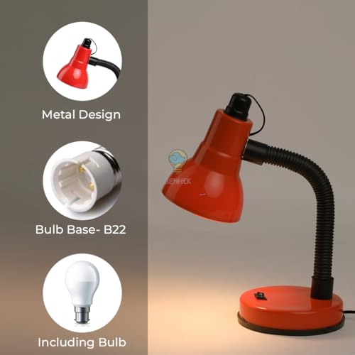 Image of BEHMEK Study Table Lamp | Adjustable Metal Desk Light for Reading, Writing, Study & Office Work | Flexible Neck LED Table Lamp for Students & Home Office (Red)