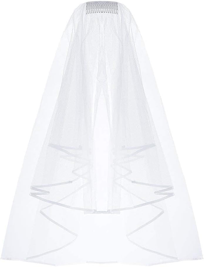 ZiYan White Double Ribbon Edge Center Cascade Bridal Wedding Veil with Comb