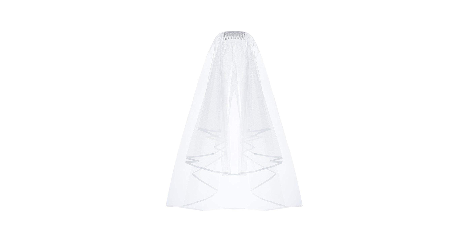 ZIYAN White Double Ribbon Edge Center Cascade Bridal Wedding Veil