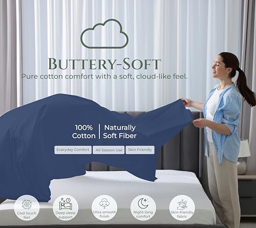 Image of Royale Linens 100% Organic Cotton Full Size Flat Sheet Only - Percale Top Sheets - Full Flat Sheet Sold Separately - Lightweight & Super Soft 100% Cotton Navy Bed Sheets Only (81 inch x 96 inch, Navy)
