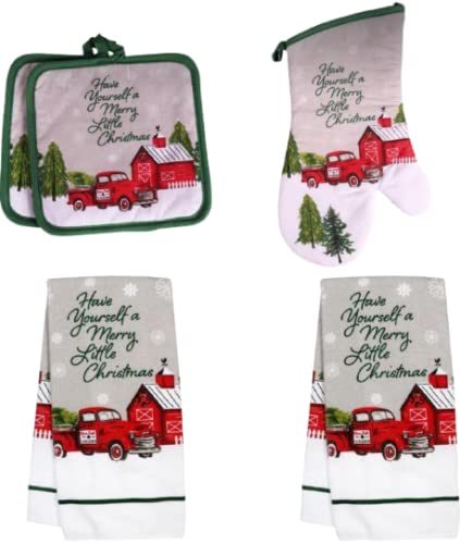 Have Yourself A Merry Little Christmas Farmhouse Red Vintage Truck Decorative Kitchen Linen Sets, 2 Hand Dish Towels, 2 Potholders Hot Pads, 1 Oven Mitt Glove