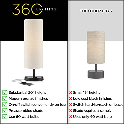 360 Lighting Heyburn Modern Accent Table Lamp with Hotel Style USB and AC Power Outlet in Base 20\" High Dark Bronze Oatmeal Cylinder Shade for Living Room Desk Bedroom House Bedside