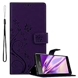 Cadorabo Hülle kompatibel mit Sony Xperia XZ1 Blumen Design aus Premium Kunst Leder Flip Klappbare Stoßfeste Magnetische [Standfunktion] [Kartenfächern] Cover Hülle für Sony Xperia XZ1 Tasche in Lila