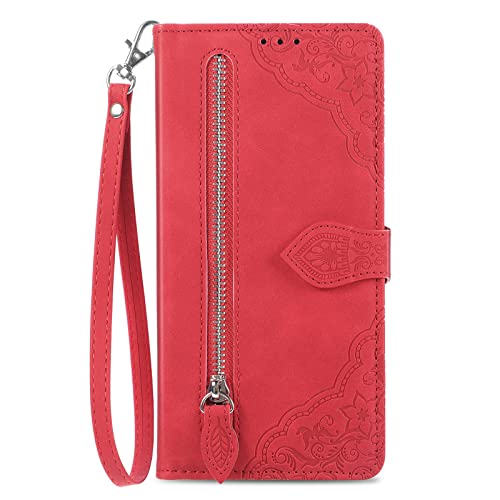 NEXCURIO Funda Tipo Cartera Libro para Apple iPhone 12 / iPhone 12 Pro Carcasa Protectora Cuero Flip Cover Case con Tarjetero Cordón Soporte Plegable Mujer Flores - Rojo