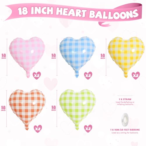 Image of Pastel Grid Heart Balloons, 10 Pcs Rainbow Checkered Heart Shape Balloon, 18 Inch Pink Yellow Blue Red Green Lattice Foil Balloons Helium for Kids Birthday Valentines Baby Shower Party Decorations