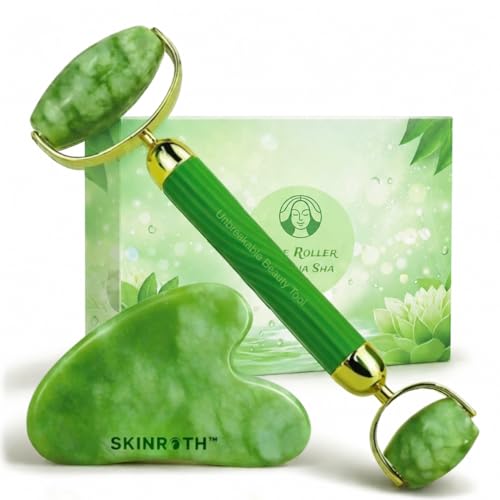 Image of Advance Gua Sha and Face Roller Set: Anti-Breakage Jade Roller for Long-Lasting Use, Jawline Sculpting and Puffiness Reducing, Gua Sha Facial Tools for Self Care Gift (Green