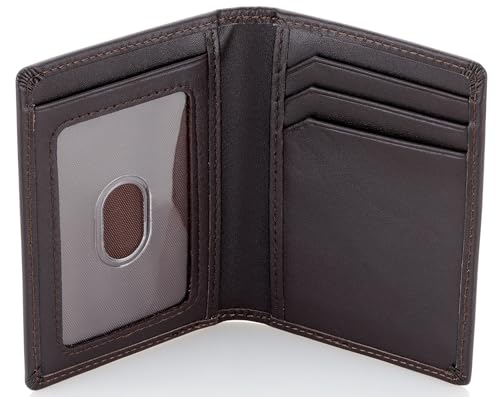 Image of Stealth Mode Men's Slim Front Pocket Wallet - RFID Blocking, Thin Minimalist Bifold Design, Genuine Leather - ID Window and 5 Sleeves for Money, Credit and Debit Cards, Driver's License (Dark Brown)