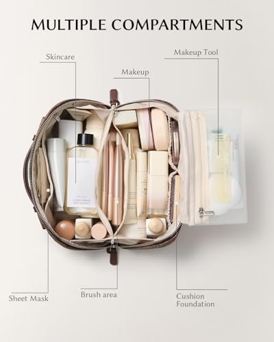 Image of EACHY Travel Makeup Bag, Woven Travel Waterproof Toiletry Bag, Portable 180 Wide-Open Flat Cosmetic Bags for Women, Large Capacity Makeup Pouch with Divider and Handle