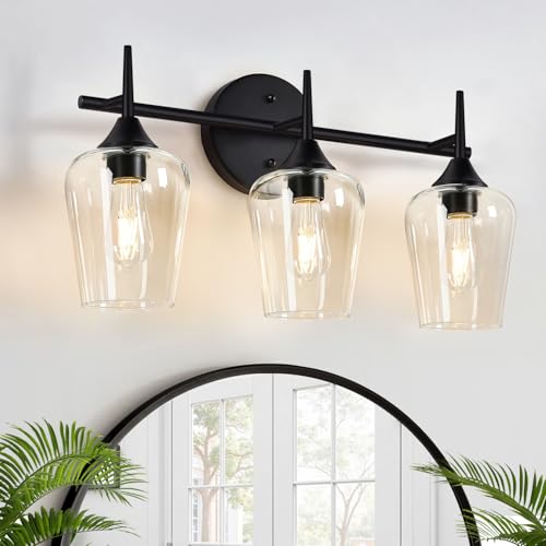 Image of MOKATNG 3-Light Bathroom Light Fixtures, Black Vanity Lights for Bathroom with Clear Glass, 19.5 Inch Bathroom Lighting Fixtures Over Mirror, Modern Wall lamp for Cabinet Hallway