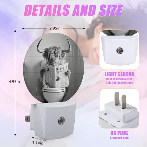 Image of Highland Cow Night Light LED Lamp Round Plug into Wall Nightlight with Dusk to Dawn Sensor Home Hallway Stairway Bathroom Decor
