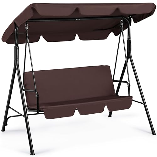 Image of Yaheetech 3-Seat Patio Swing Chair, Adjustable Canopy & Cushion, Dark Brown | Outdoor Glider Swing, 550lb Capacity, Tilting Sunshade, Anti-Slip Pads, Weather-Resistant Fabric, Ez up, Sturdy A-Frame