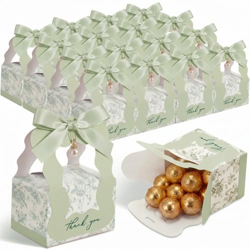 ForraFun 50 Sets Floral Wedding Favor Boxes with Pearl Pendant Bow Ribbon Floral Wedding Party Candy Boxes Bridal Gift for Guests Bridal Shower Birthday Party Anniversary Supplies(Green)