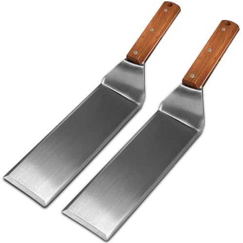 Extra Long Griddle Spatula Set of 2- Wooden Steel Barbecue Grill Tool, Griddle Accessories for Blackstone,Burger Flipper w/Full Tang Handle & Beveled Edges, Spatula/Flipper/Scraper for Flat Top Grill
