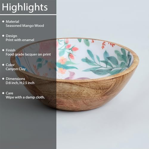 Image of SAAGA Large Printed Mango Wood Mixing Bowl - 8 x 2.5 Inch Round Wooden Serving Bowl | Ideal for Salad, Fruits, Snacks & Curries - Canyon Clay