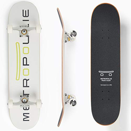 Metropollie - Skateboard Completo Blanco - Monopatín para Niños Adolescentes Adultos Principiantes, Tabla de 7 Capas 100% Madera de Arce Canadiense, Rodamientos ABEC-5 Ruedas de 52MM y Lija Jessup Cover