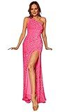 Dessiny Glitter Sequin Mermaid Prom Dresses for Teens 2023 Hot Pink Split Sparkly One Shoulder Eveni